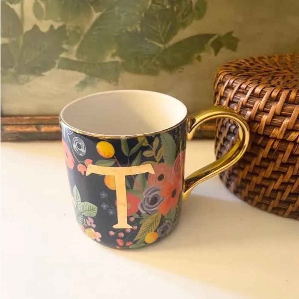 Rifle Paper Co. Navy Floral Mug with Gold Handle. T monogram.